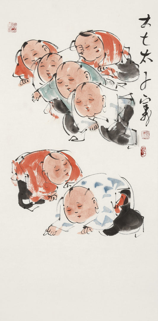 笑 | 七子太子图|传统手绘水墨国画人物画|101*54cm