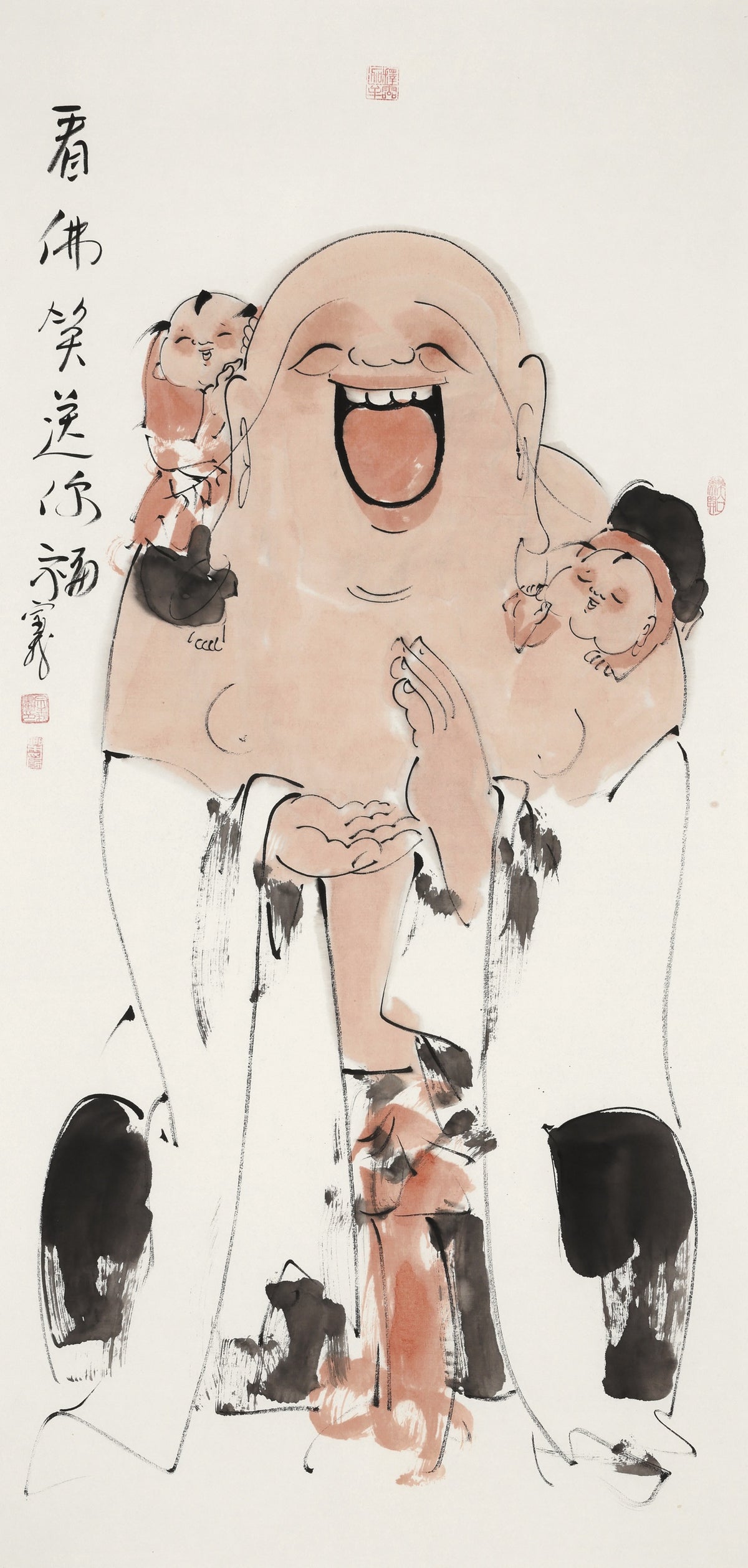 笑 | 看佛笑送你福|传统手绘水墨国画人物画|139*69cm