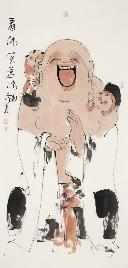 笑 | 看佛笑送你福|传统手绘水墨国画人物画|139*69cm