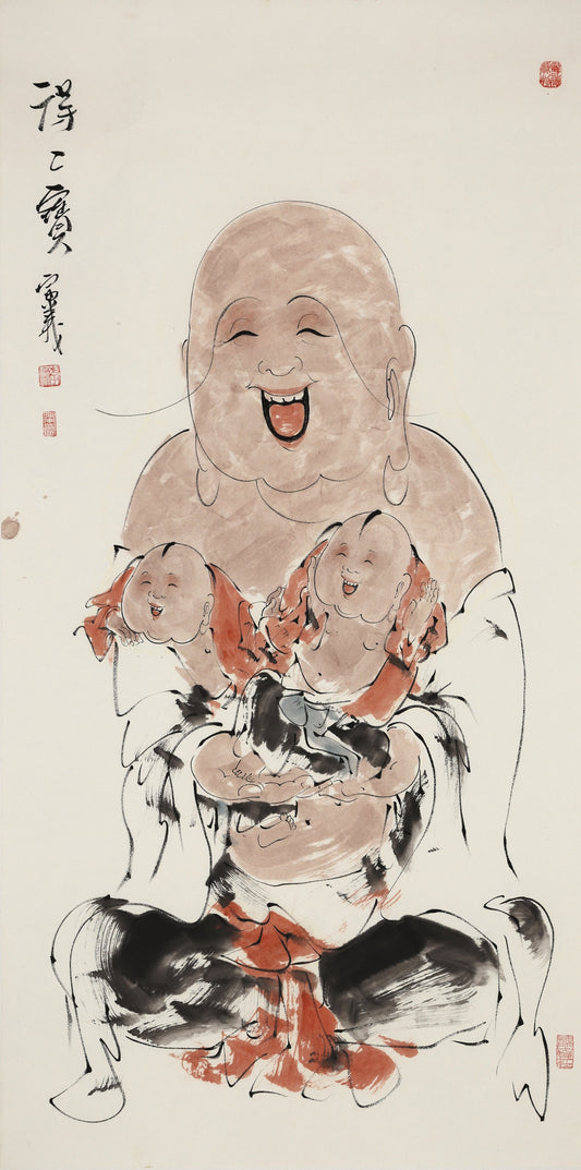 笑 | 得二宝|传统手绘水墨国画人物画|139*69cm