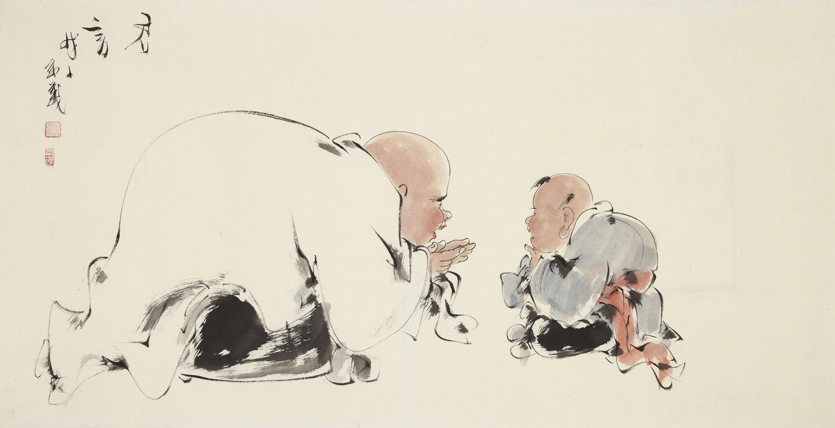 Companions - Li Zongyi Hand-Painted Chinese Ink Laughing Buddha Figure