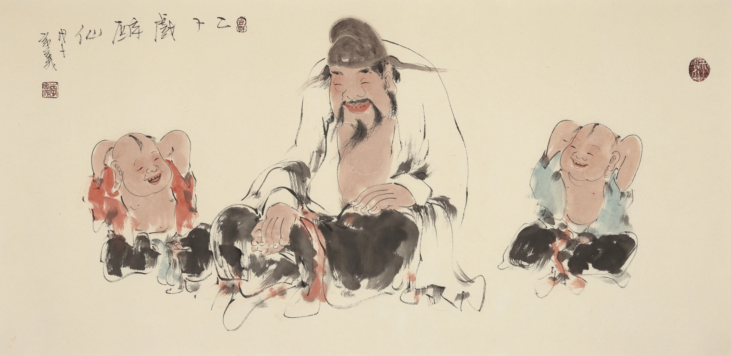 笑| 诗乐_传统手绘水墨国画人物画_李宗义真迹_138×69.5cm – Treasure