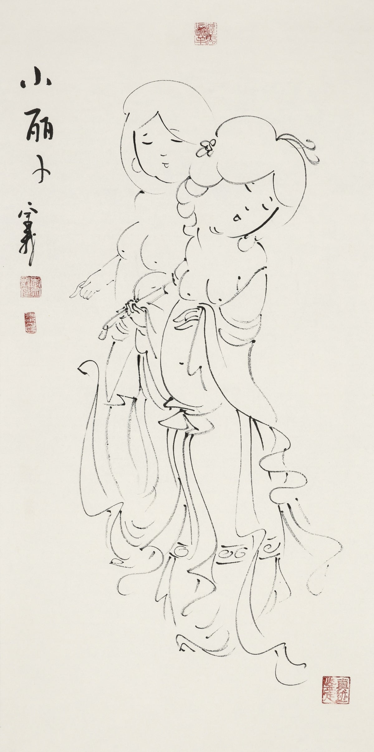 小丽子 - 李宗义手绘水墨白描仕女画 | Two Lovely Maidens - Li Zongyi Hand-Painted Chinese Baimiao Ink Lady Painting | 麗しき小女たち - 李宗義手描き水墨白描仕女画