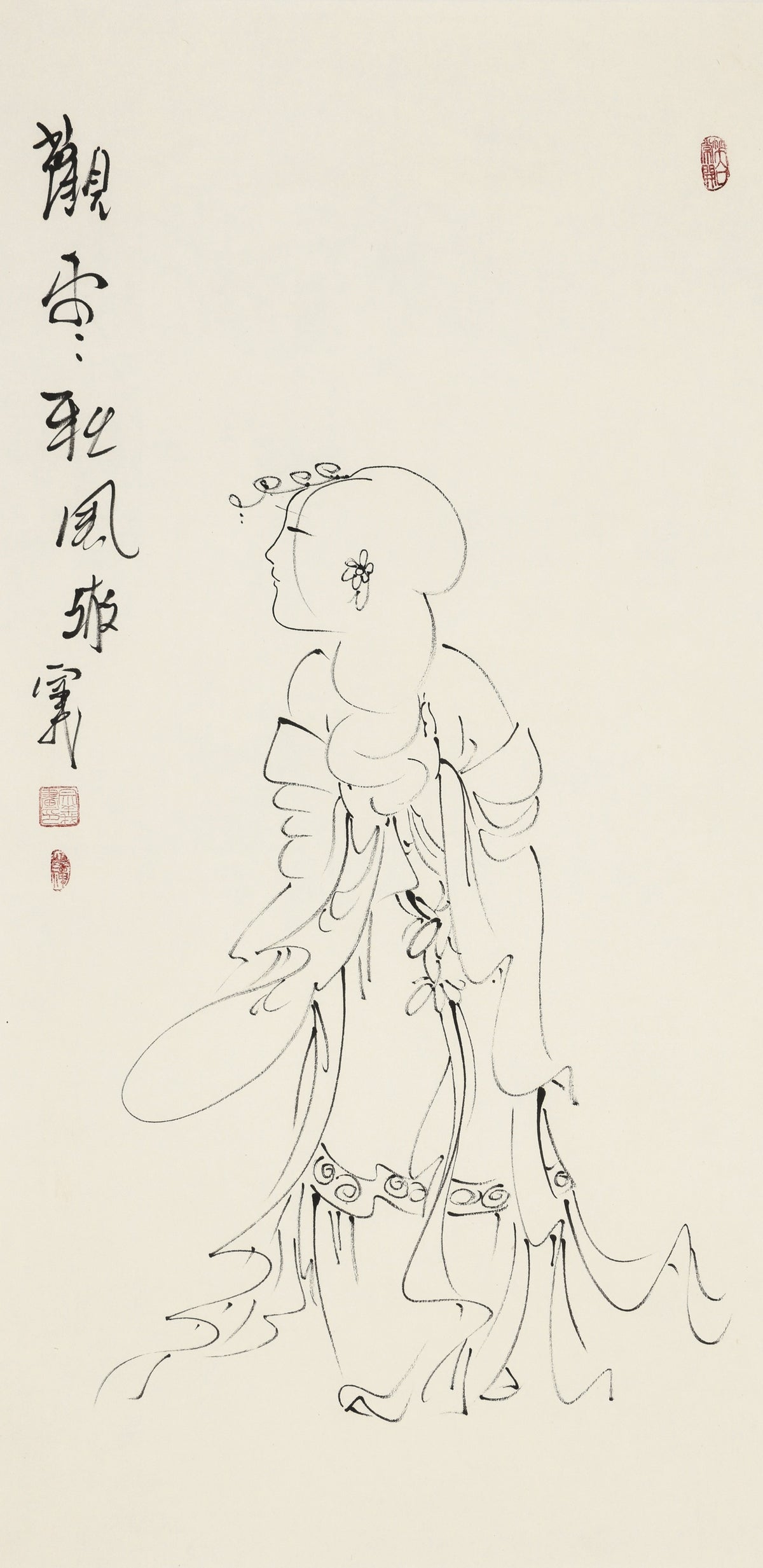 观云听风雅 - 李宗义手绘水墨白描仕女画 | Watching Clouds, Hearing the Elegant Wind - Li Zongyi Hand-Painted Chinese Baimiao Ink Lady Painting | 雲を観、風を聴く雅 - 李宗義手描き水墨白描仕女画