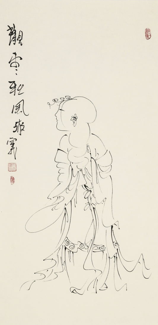 观云听风雅 - 李宗义手绘水墨白描仕女画 | Watching Clouds, Hearing the Elegant Wind - Li Zongyi Hand-Painted Chinese Baimiao Ink Lady Painting | 雲を観、風を聴く雅 - 李宗義手描き水墨白描仕女画