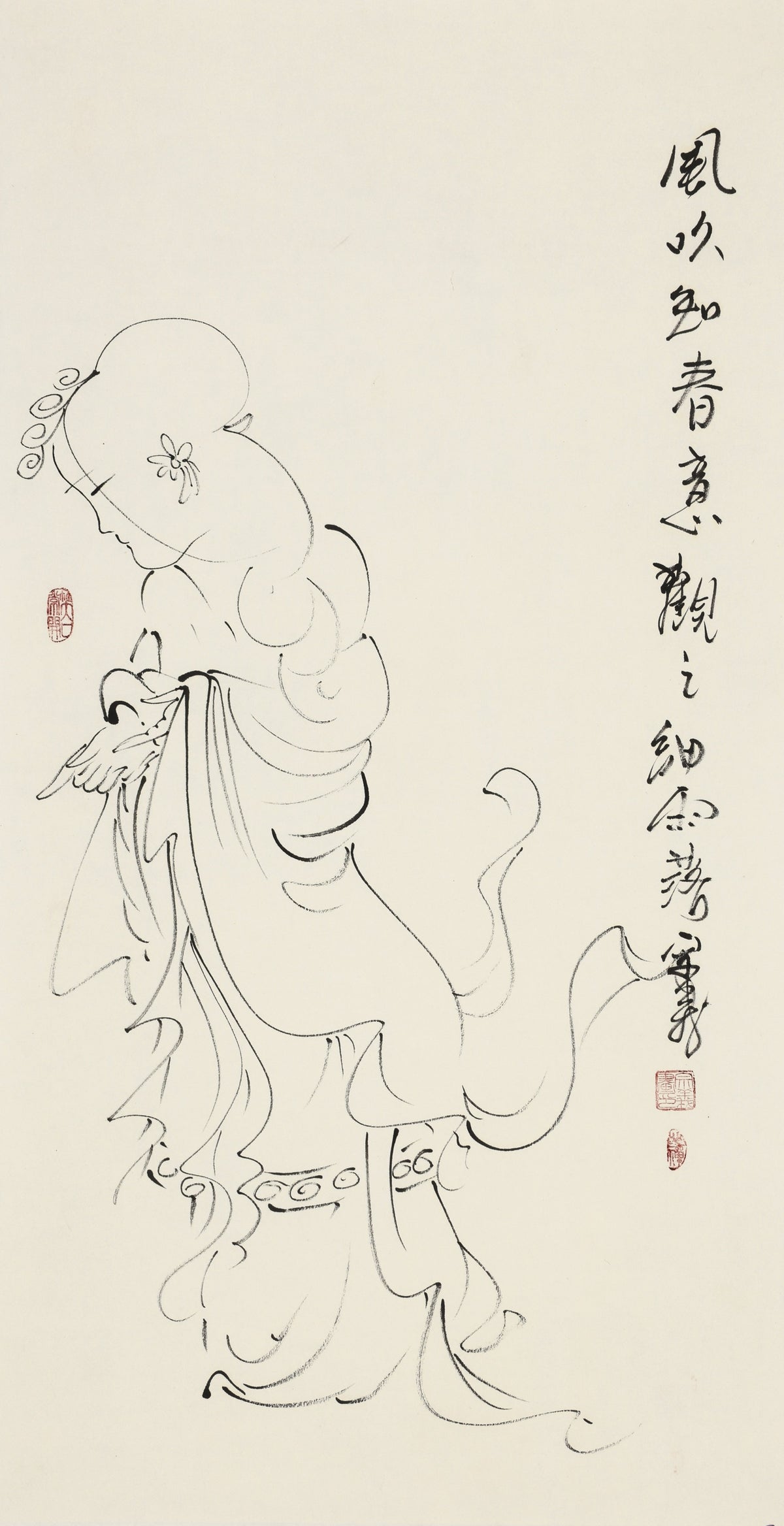 风吹知春意 观之细雨落 - 李宗义手绘水墨白描仕女画 | The Wind Reveals Spring; Fine Rain Falls Softly - Li Zongyi Hand-Painted Chinese Baimiao Ink Lady Painting | 風吹いて春を知り、細雨の落ちるを観る - 李宗義手描き水墨白描仕女画