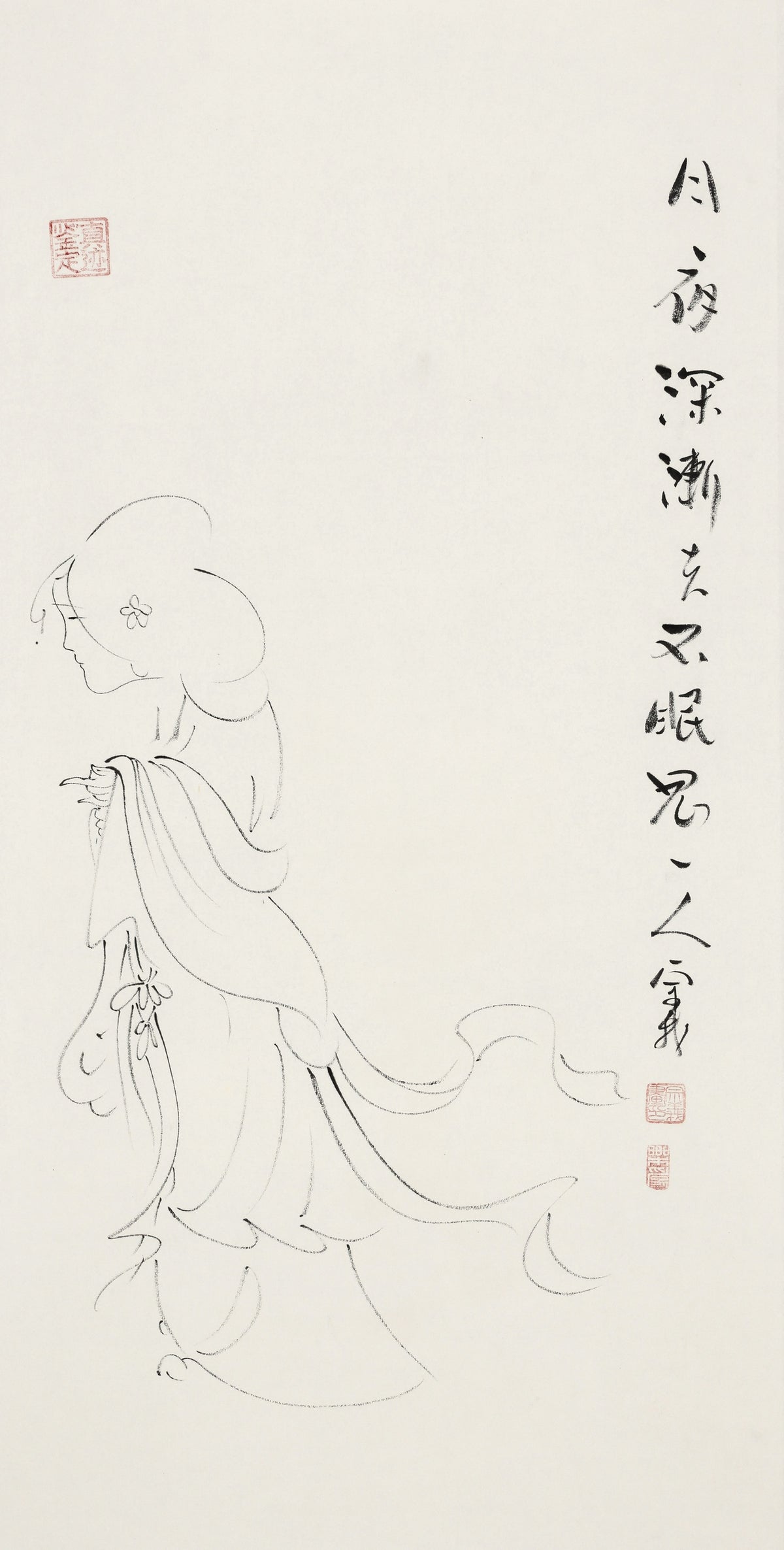 月夜深渐去 不眠思一人 - 李宗义手绘水墨白描仕女画 | As the Moonlit Night Fades, Sleepless I Think of One - Li Zongyi Hand-Painted Chinese Baimiao Ink Lady Painting | 月の夜が更けゆく、眠れず一人を思う - 李宗義手描き水墨白描仕女画