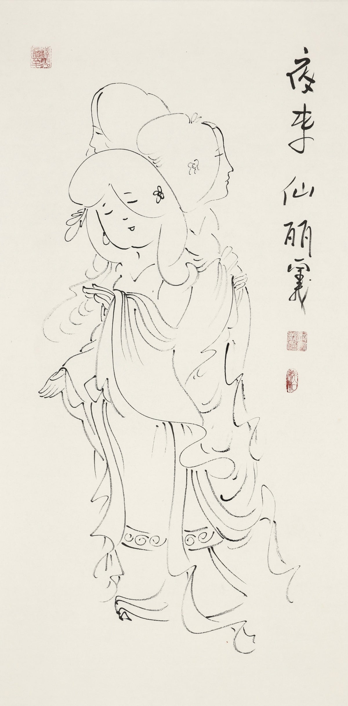 夜来仙丽 - 李宗义手绘水墨白描仕女画 | Celestial Grace Comes by Night - Li Zongyi Hand-Painted Chinese Baimiao Ink Lady Painting | 夜に来たる仙の麗しさ - 李宗義手描き水墨白描仕女画