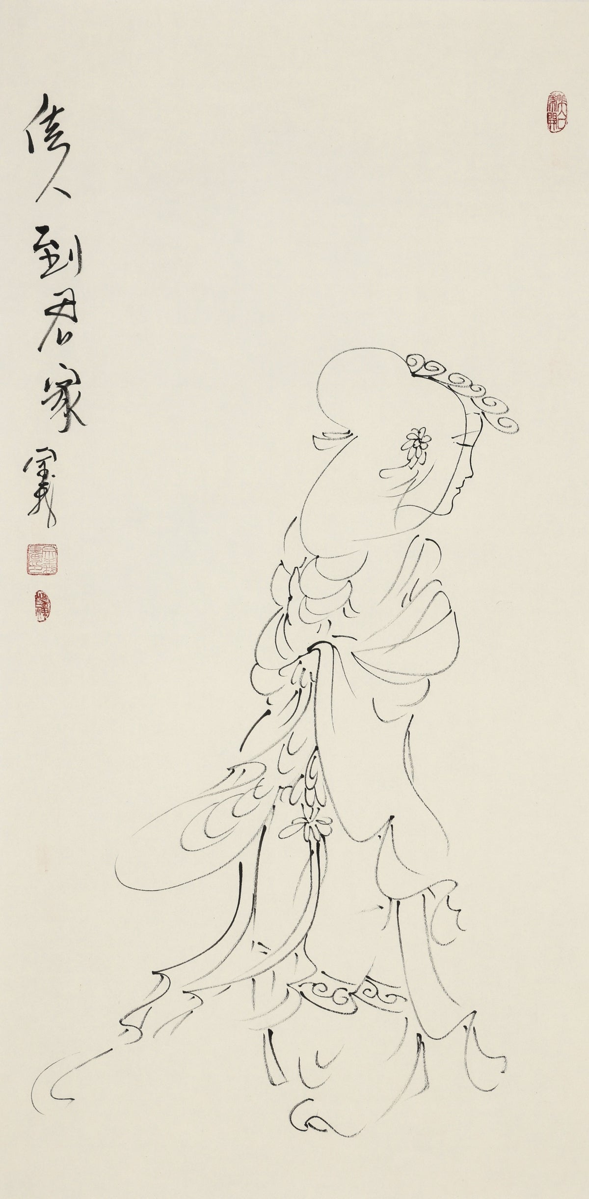 佳人到君家 - 李宗义手绘水墨白描仕女画 | A Fair Lady Comes to Your Home - Li Zongyi Hand-Painted Chinese Baimiao Ink Lady Painting | 佳人が君の家に来る - 李宗義手描き水墨白描仕女画