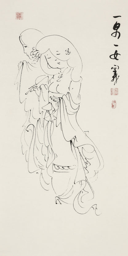 男と女 - 李宗義手描き水墨白描仕女画