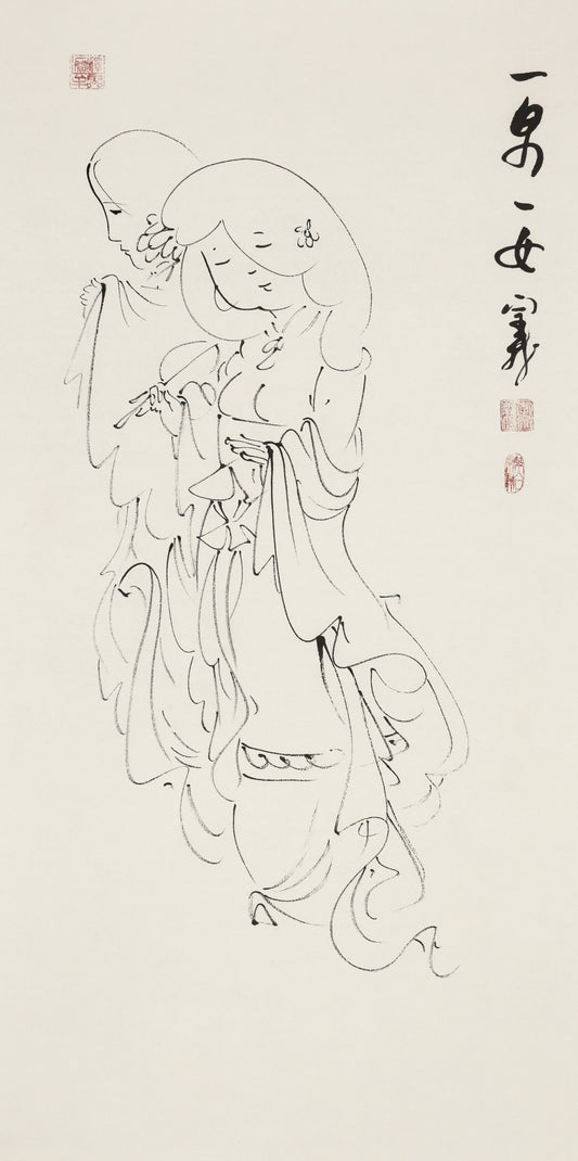 一男一女 - 李宗义手绘水墨白描仕女画 | A Man and a Woman - Li Zongyi Hand-Painted Chinese Baimiao Ink Lady Painting | 男と女 - 李宗義手描き水墨白描仕女画